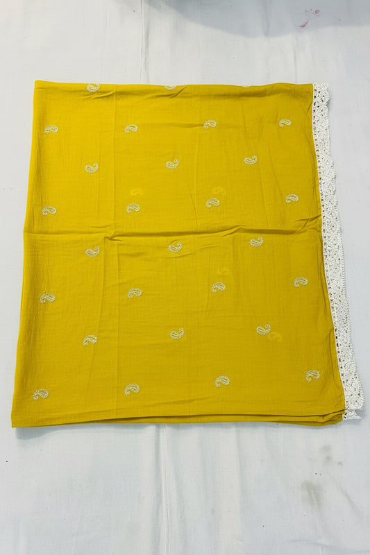 Mustard Yellow Threadwork Kurta Set with Cotton Bottom & Dupatta