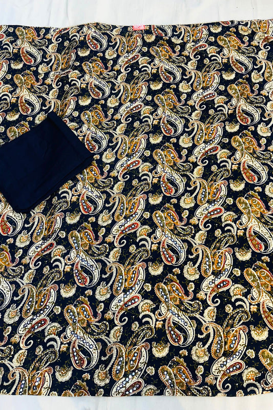Navy Blue Printed Ruby Cotton Suit Set with Mirror Work & Golden Patchwork Dupatta