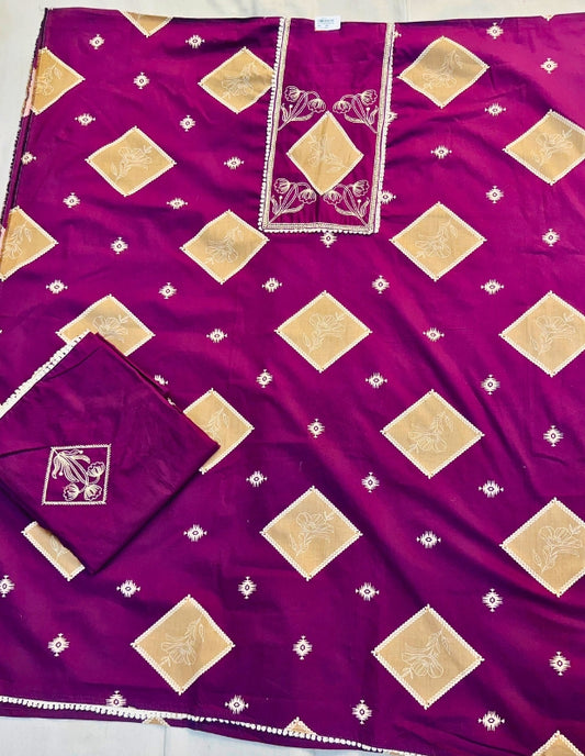 Royal Purple Diamond-Pattern Embroidered Unstitched Suit with Matching Dupatta