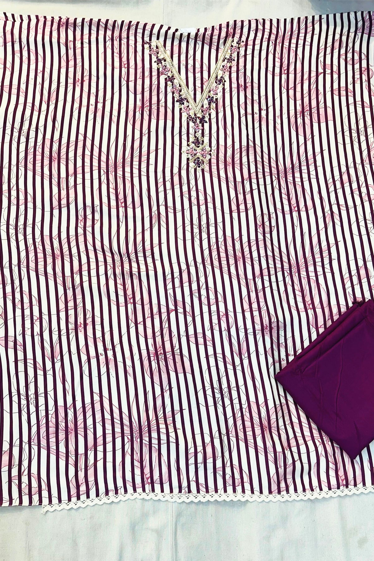 Elegant Violet Printed Cotton Suit Set with Dupatta