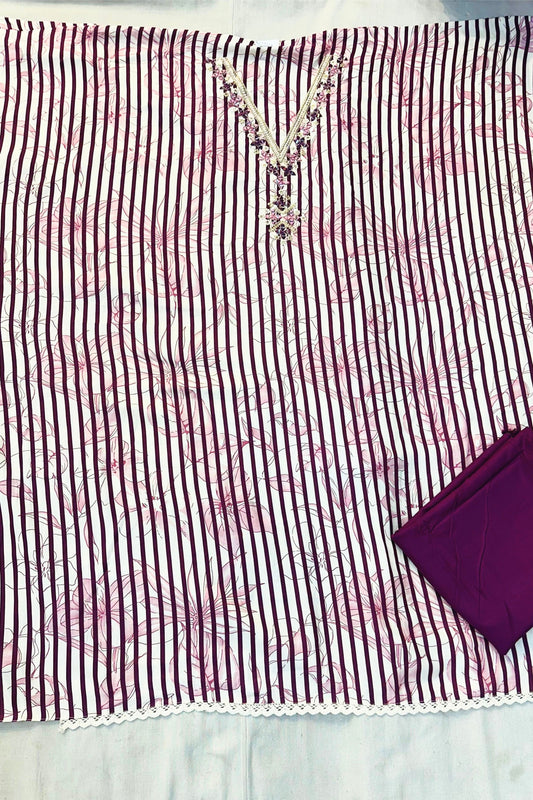 Elegant Violet Printed Cotton Suit Set with Dupatta