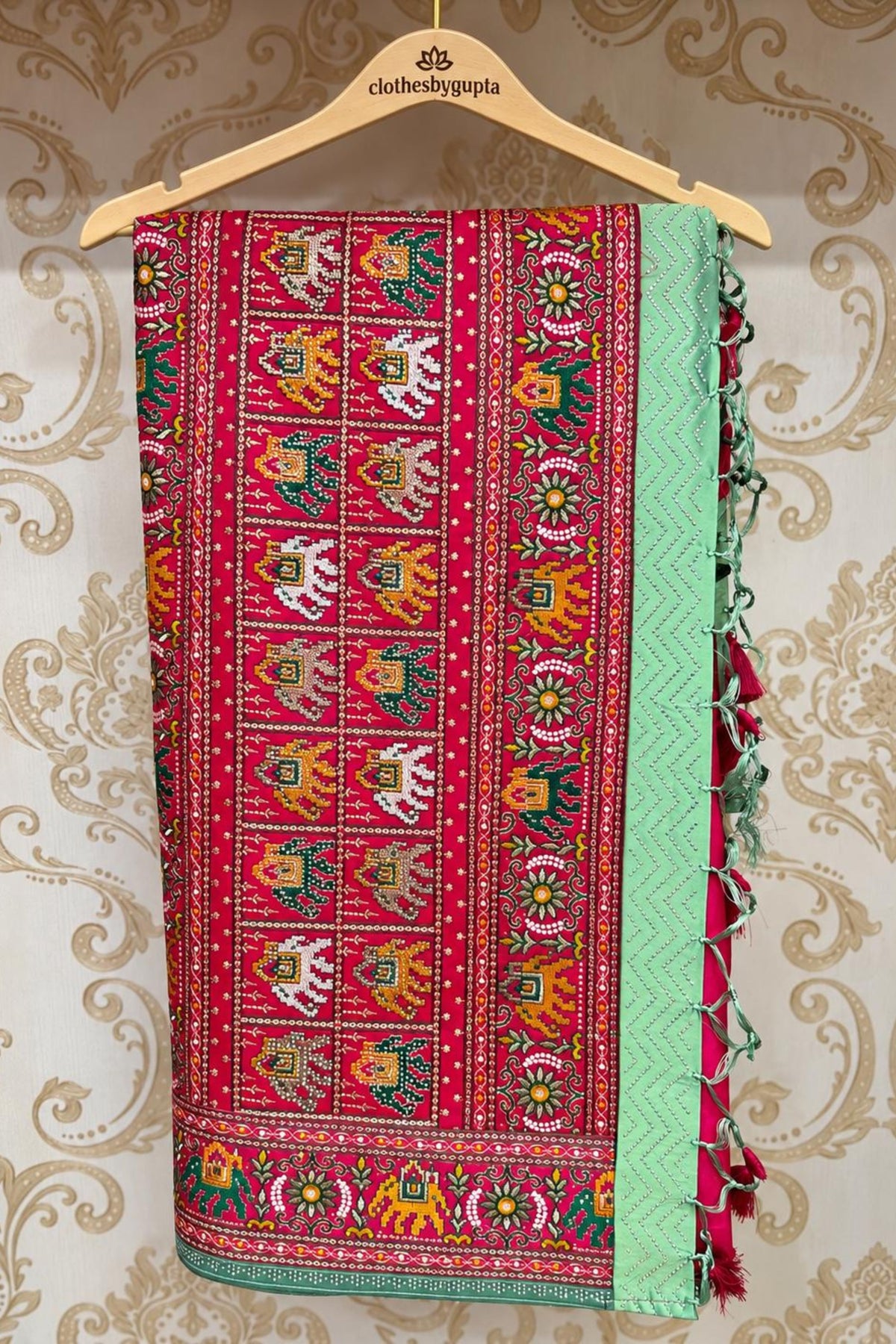 Pista Green Silk Saree with Kantha Work & Magenta Silk Blouse