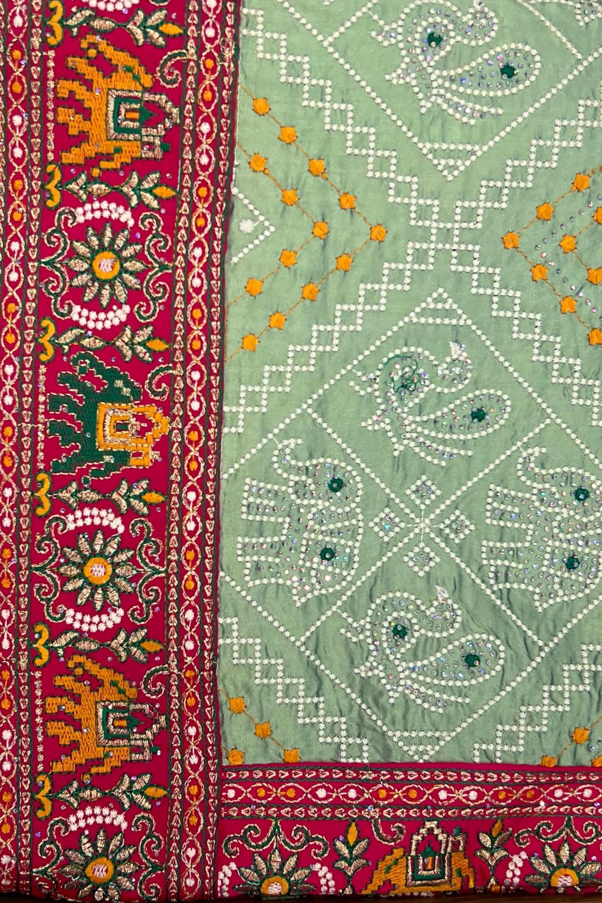 Pista Green Silk Saree with Kantha Work & Magenta Silk Blouse