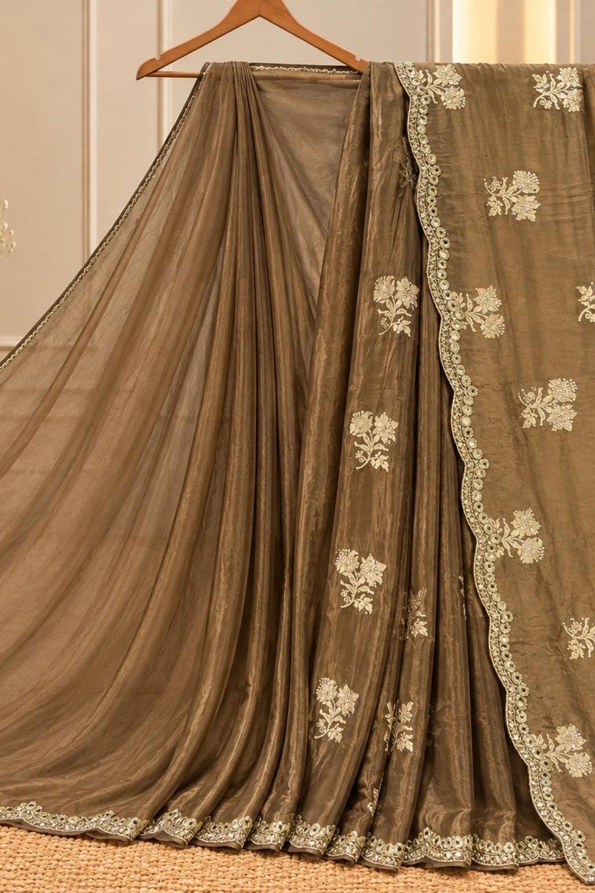 Mud Apple Paper Silk Saree with Mirror & Nalki Work and Blouse