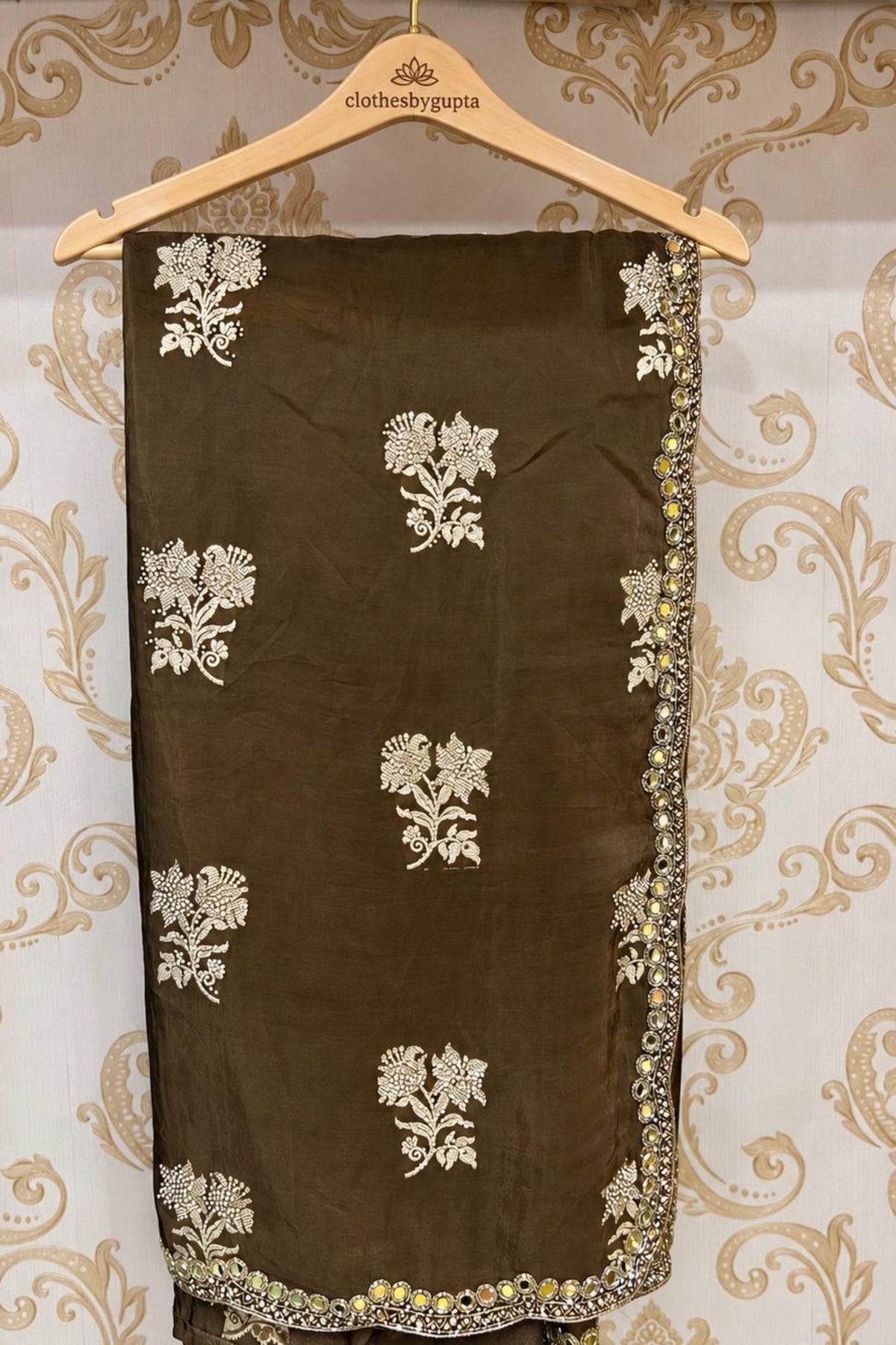 Mud Apple Paper Silk Saree with Mirror & Nalki Work and Blouse