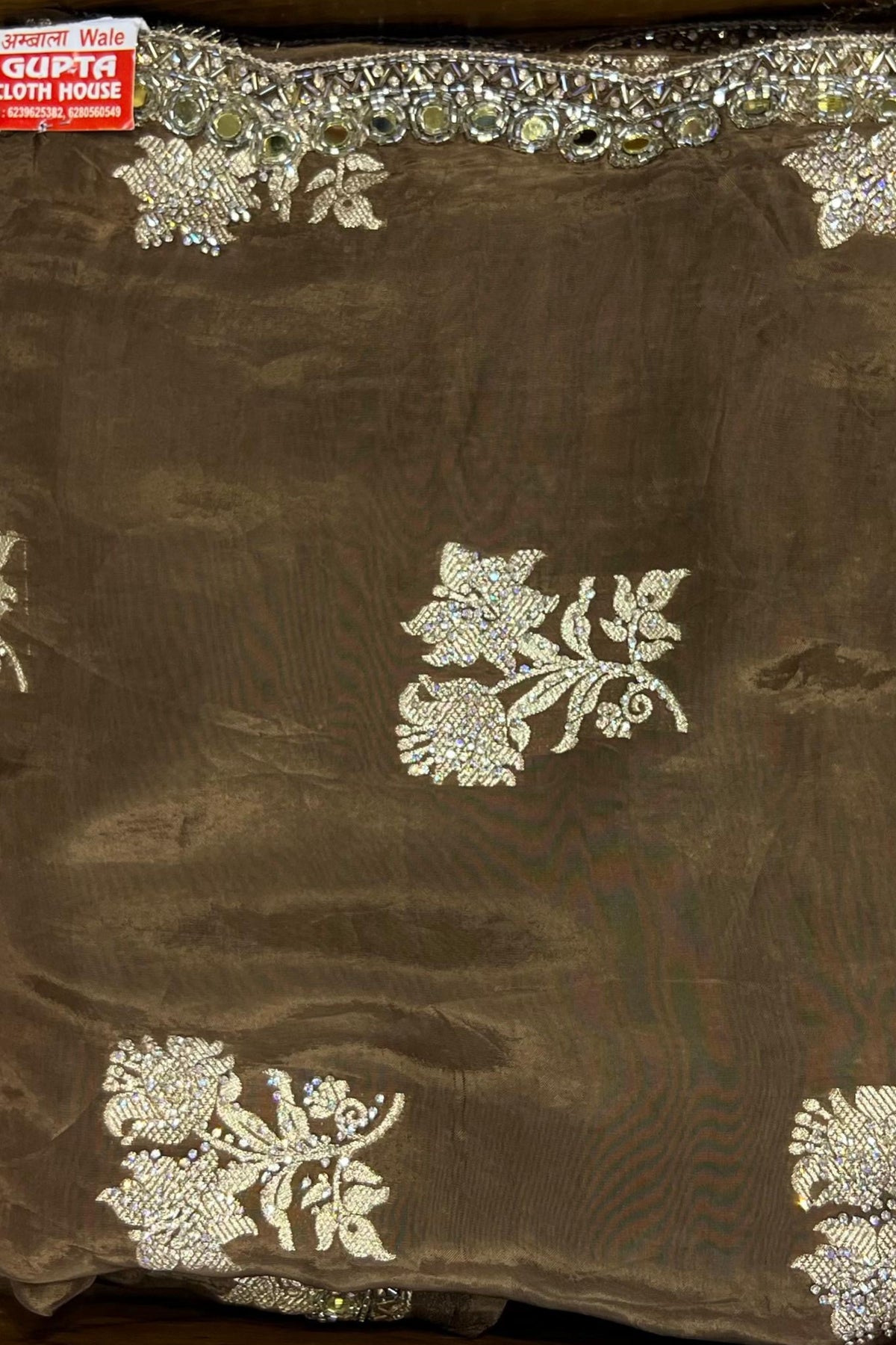 Mud Apple Paper Silk Saree with Mirror & Nalki Work and Blouse