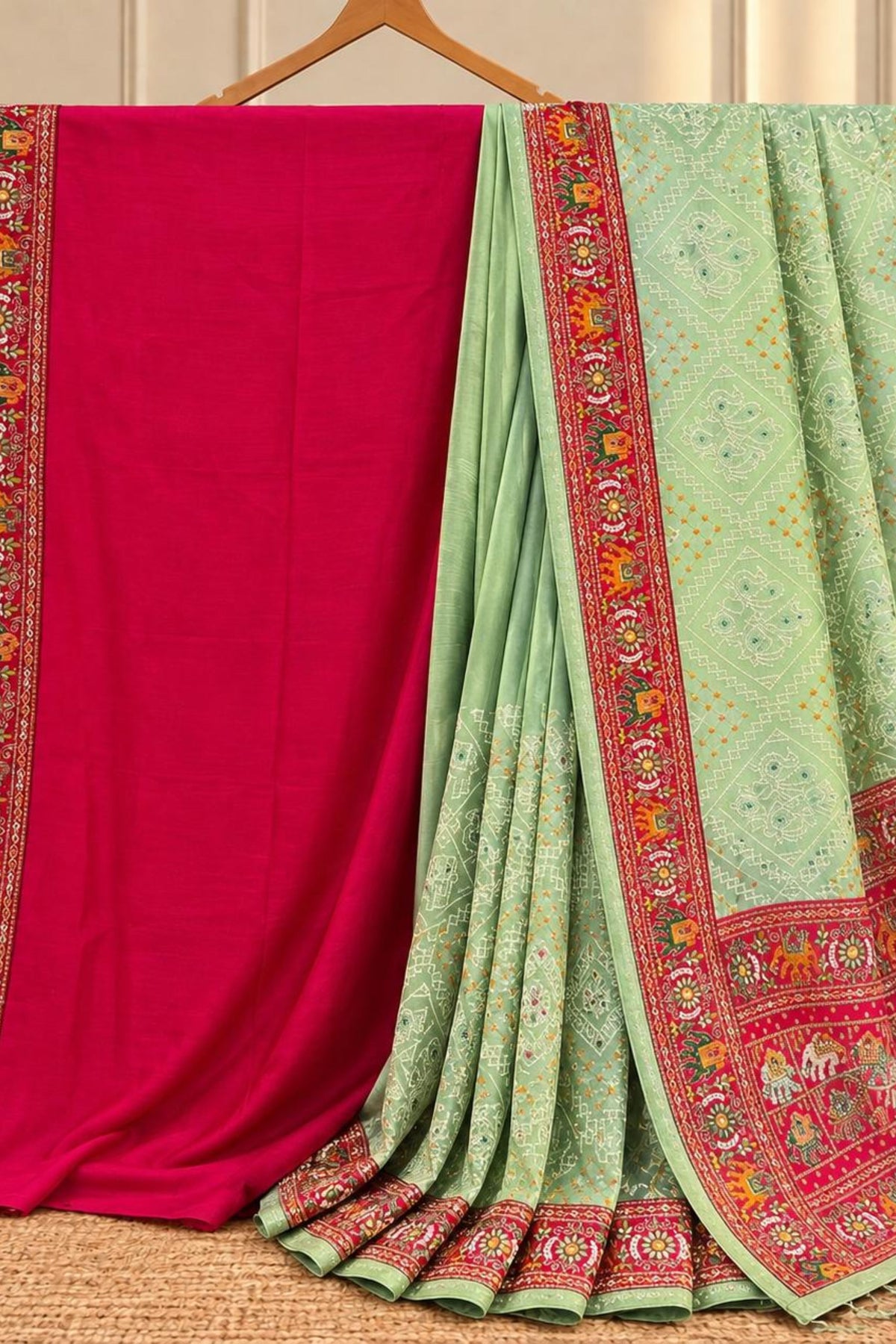 Pista Green Silk Saree with Kantha Work & Magenta Silk Blouse