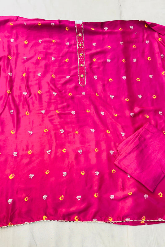 Rani Pink Silk Suit with Bandhni Booti & Pure Chiffon Dupatta