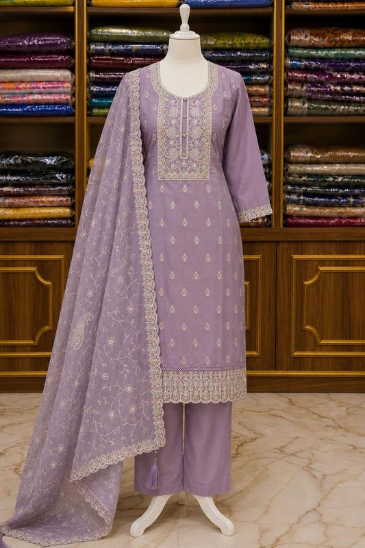 Lavender Soft Silk Thread Work Suit Set with Plain Dupatta