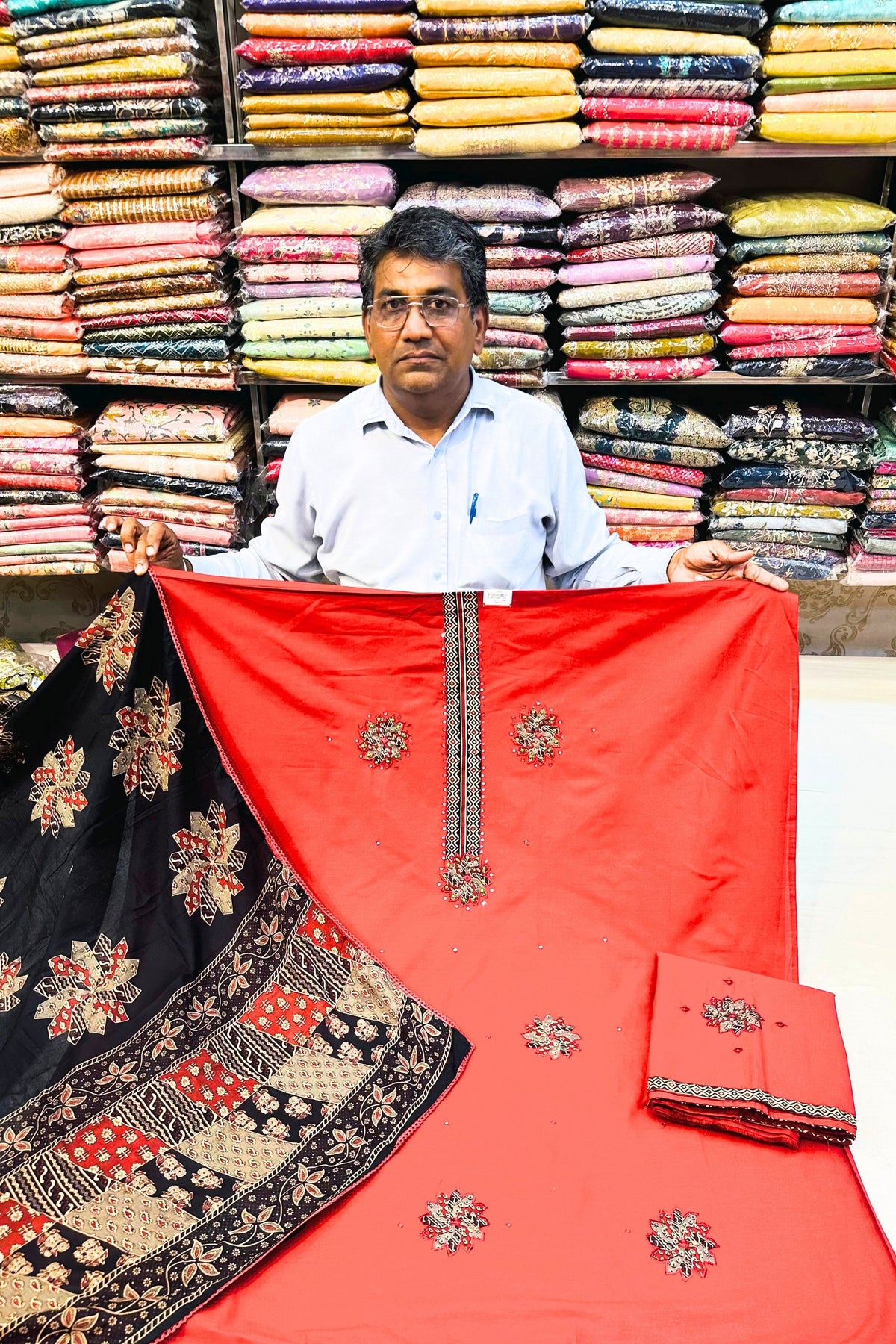 Women’s Mehroon Patch Work Cotton Suit Set with Black Printed Dupatta