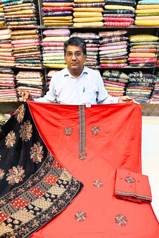 Women’s Mehroon Patch Work Cotton Suit Set with Black Printed Dupatta