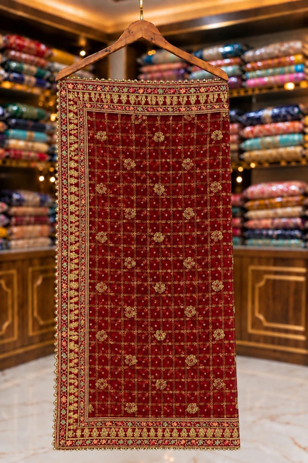 Red Shimmer Saree with Zari & Stone Work Four-Side Border