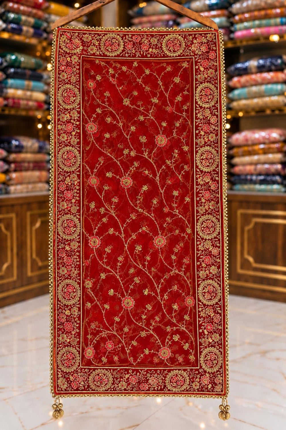 Red Wedding Jury & Stone Work Dupatta with Four-Side Lace