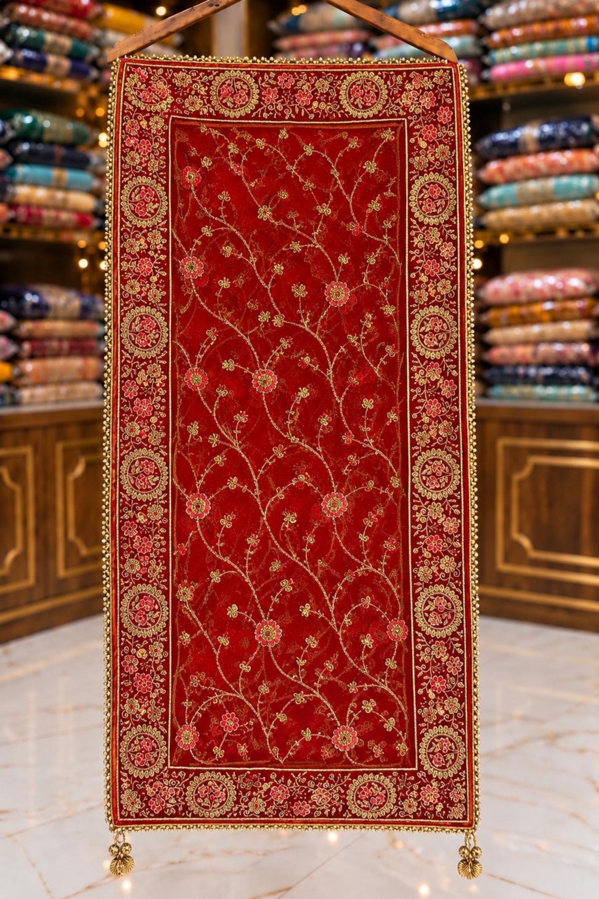 Red Wedding Jury & Stone Work Dupatta with Four-Side Lace