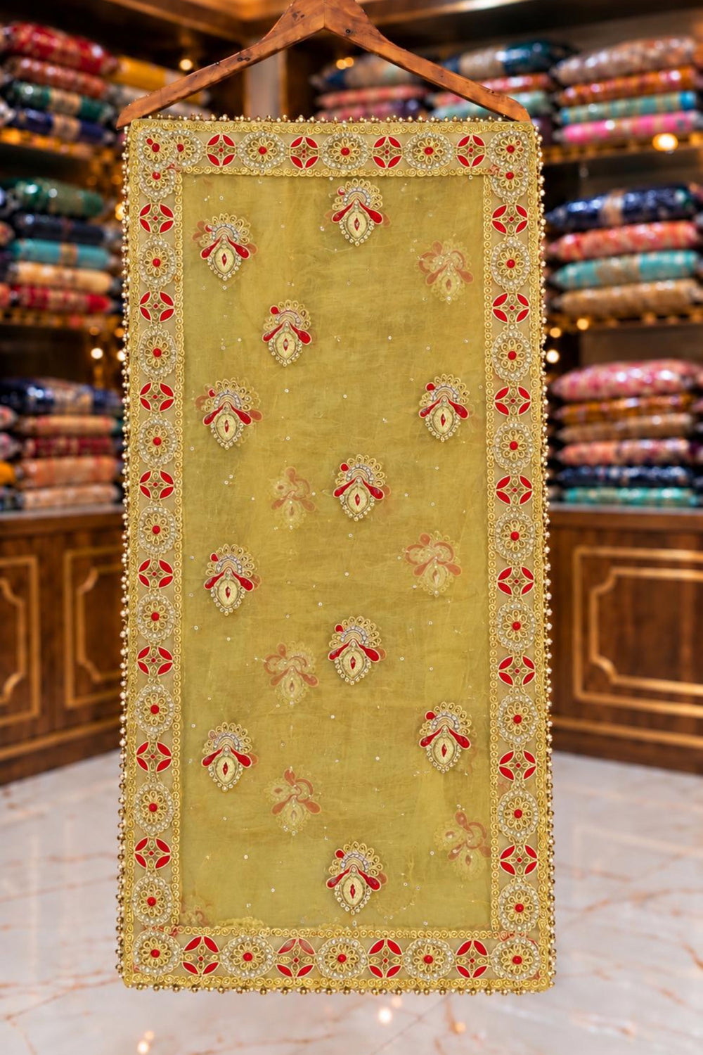 Golden Pearl & Stone Work Wedding Dupatta with Thread & Jari Detailing