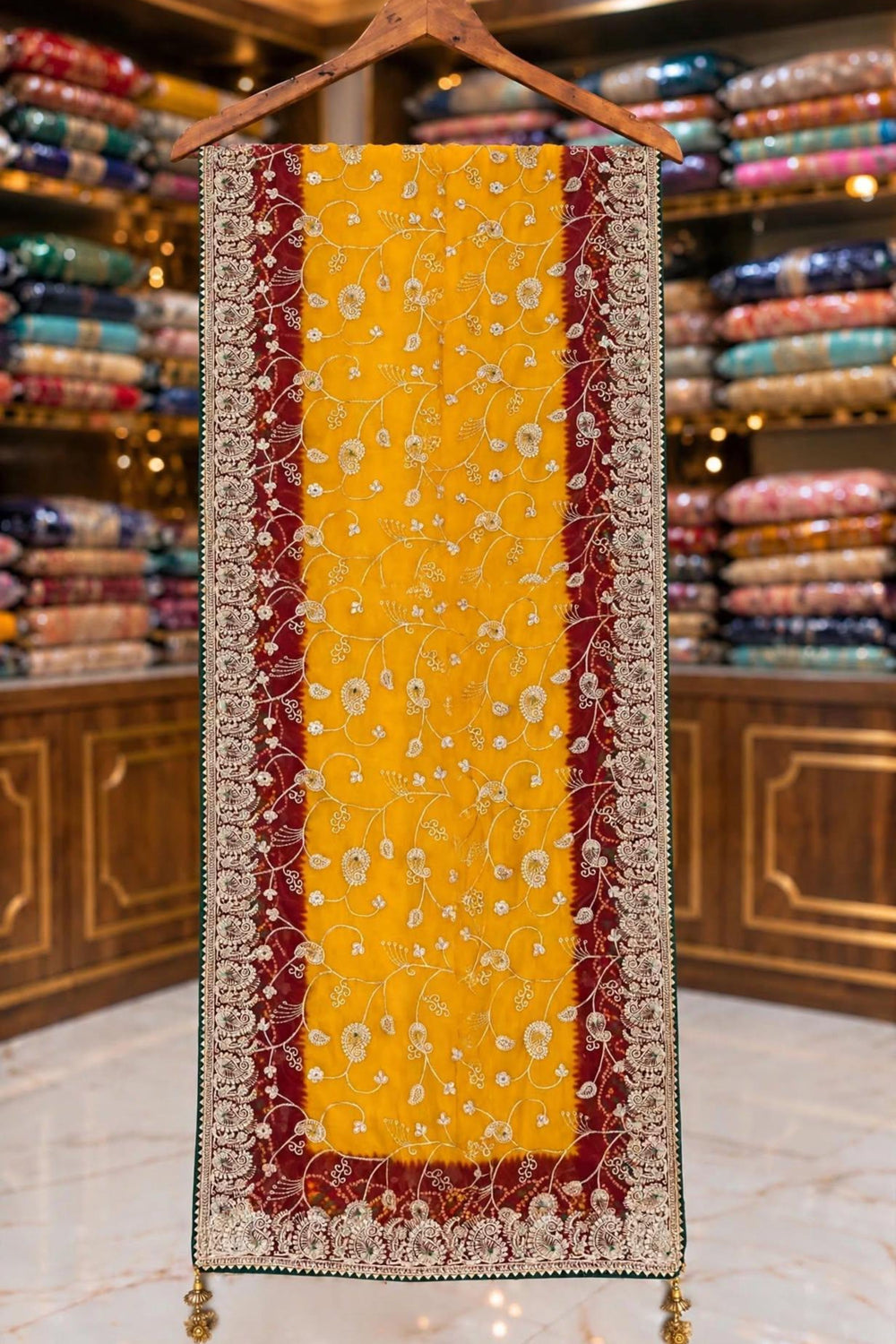 Mustard Yellow Georgette Embellished Unstitched Suit with Stone Work