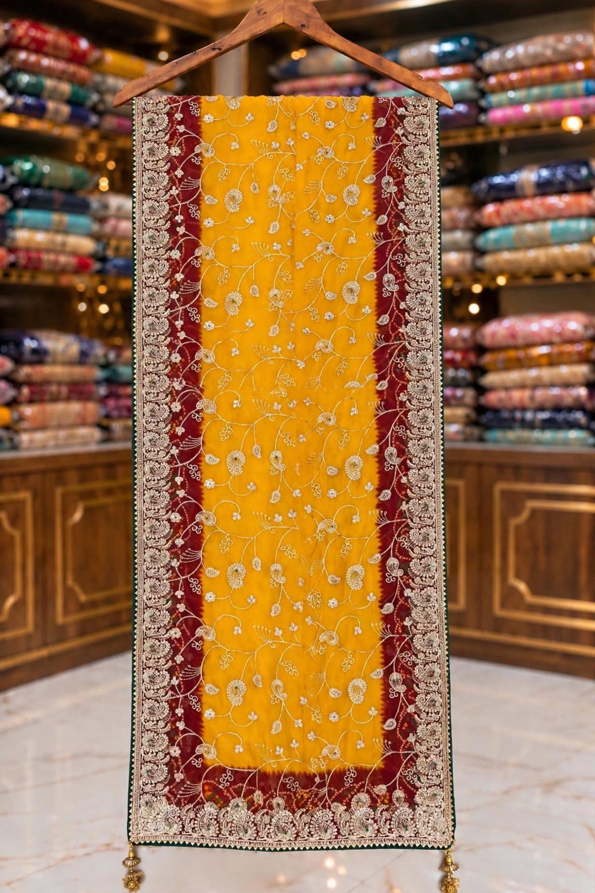 Mustard Yellow Georgette Embellished Unstitched Suit with Stone Work