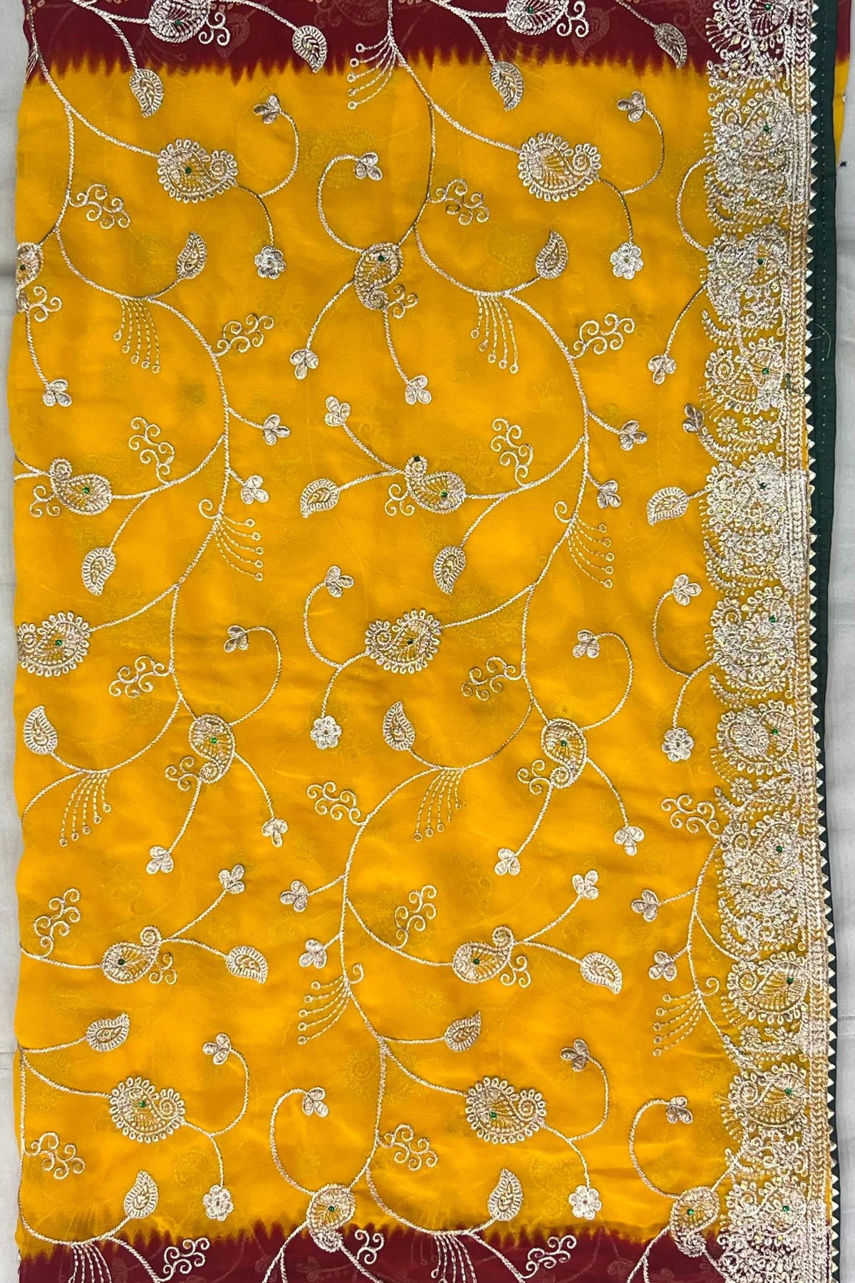 Mustard Yellow Georgette Embellished Unstitched Suit with Stone Work