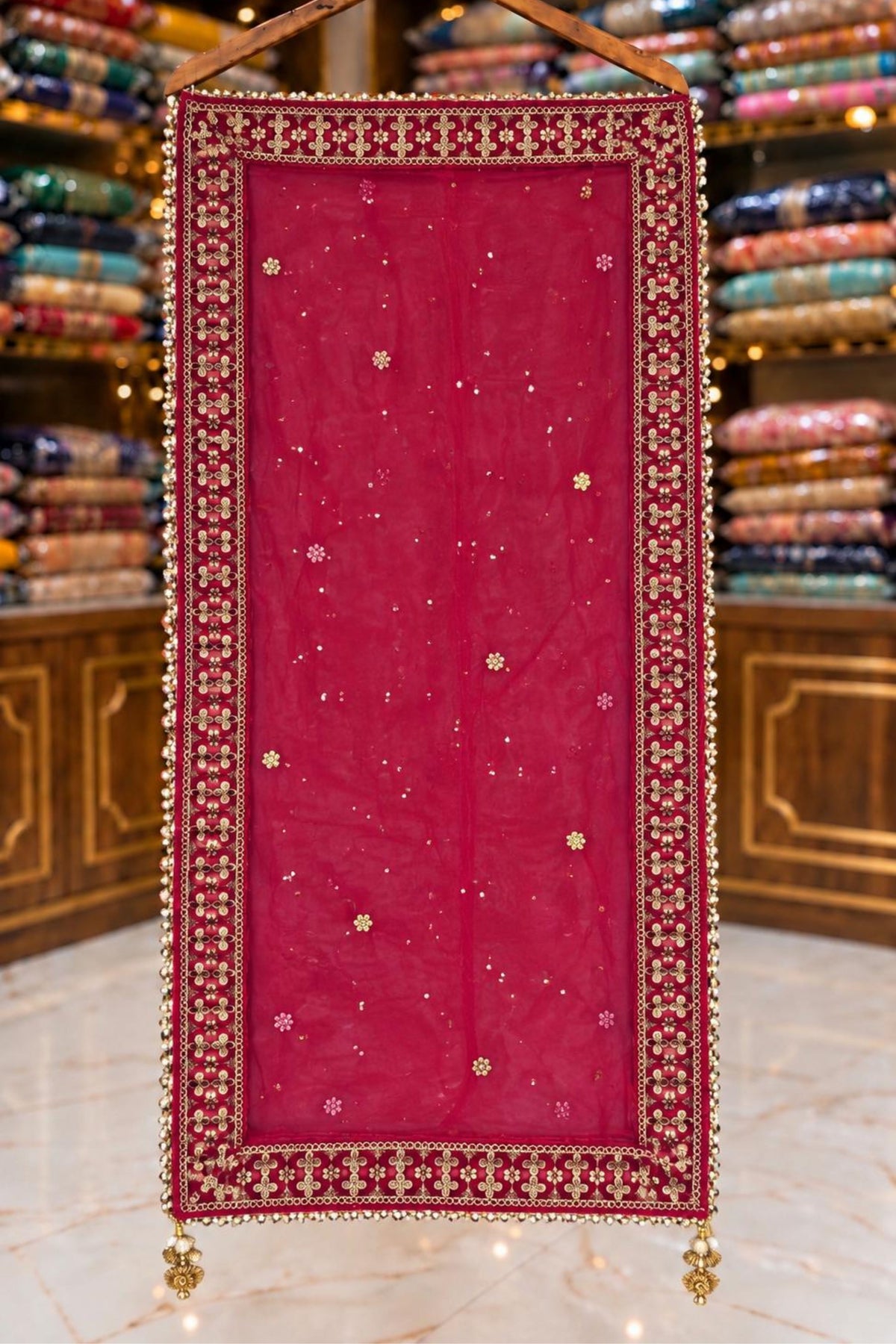 Magenta Stone Work Lace Saree with Four-Side Border
