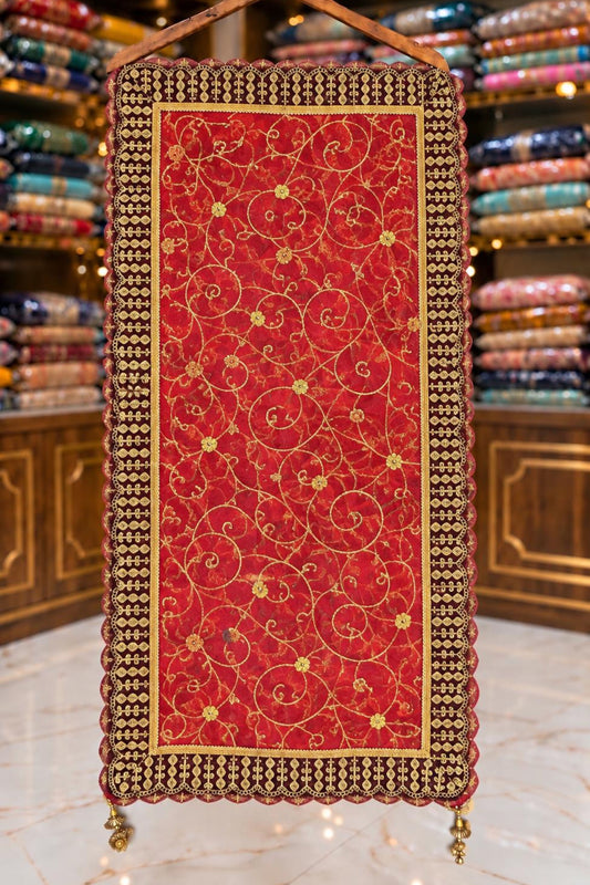 Red Net Embroidered Unstitched Suit with Sippi, Jari & Jaal Work