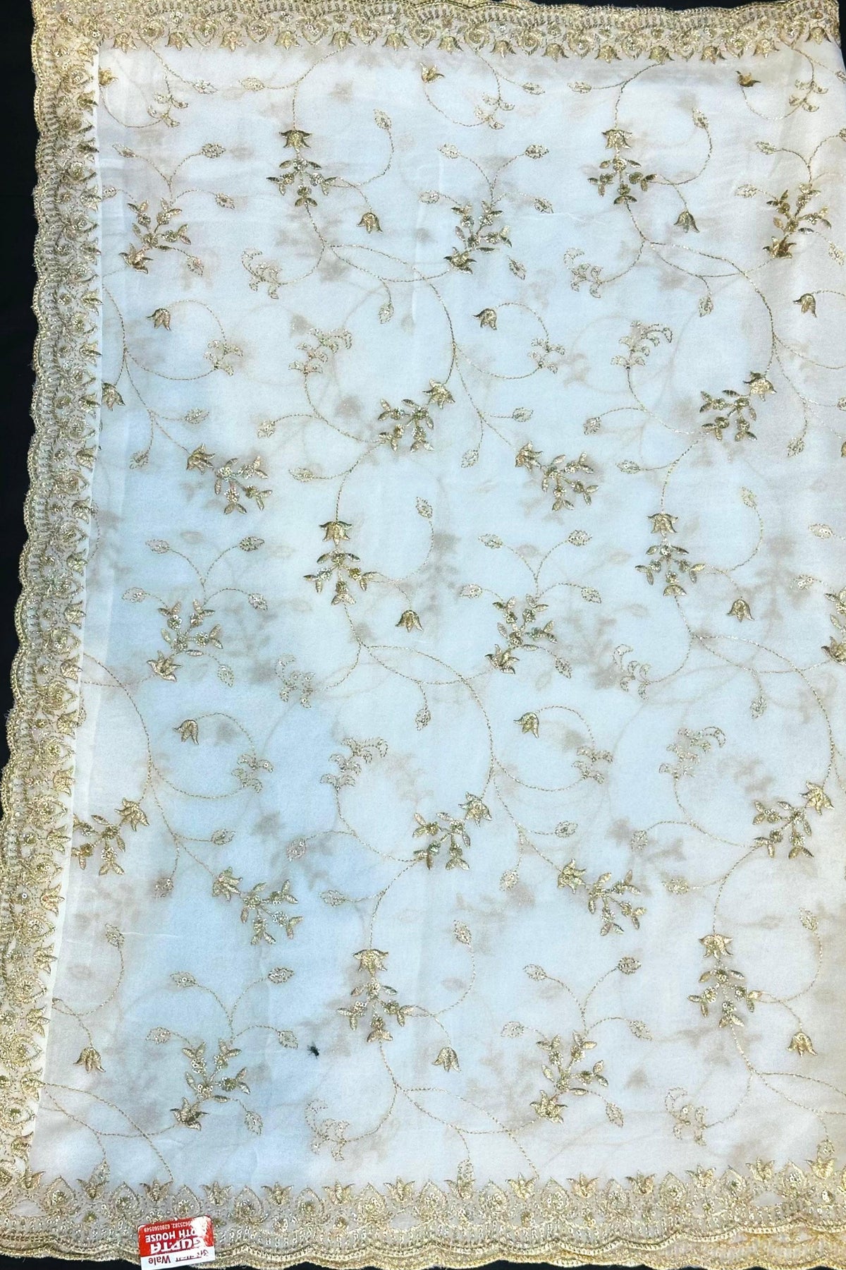 White Georgette Fabric with 4-Side Jari & Cut Work – Dyeable
