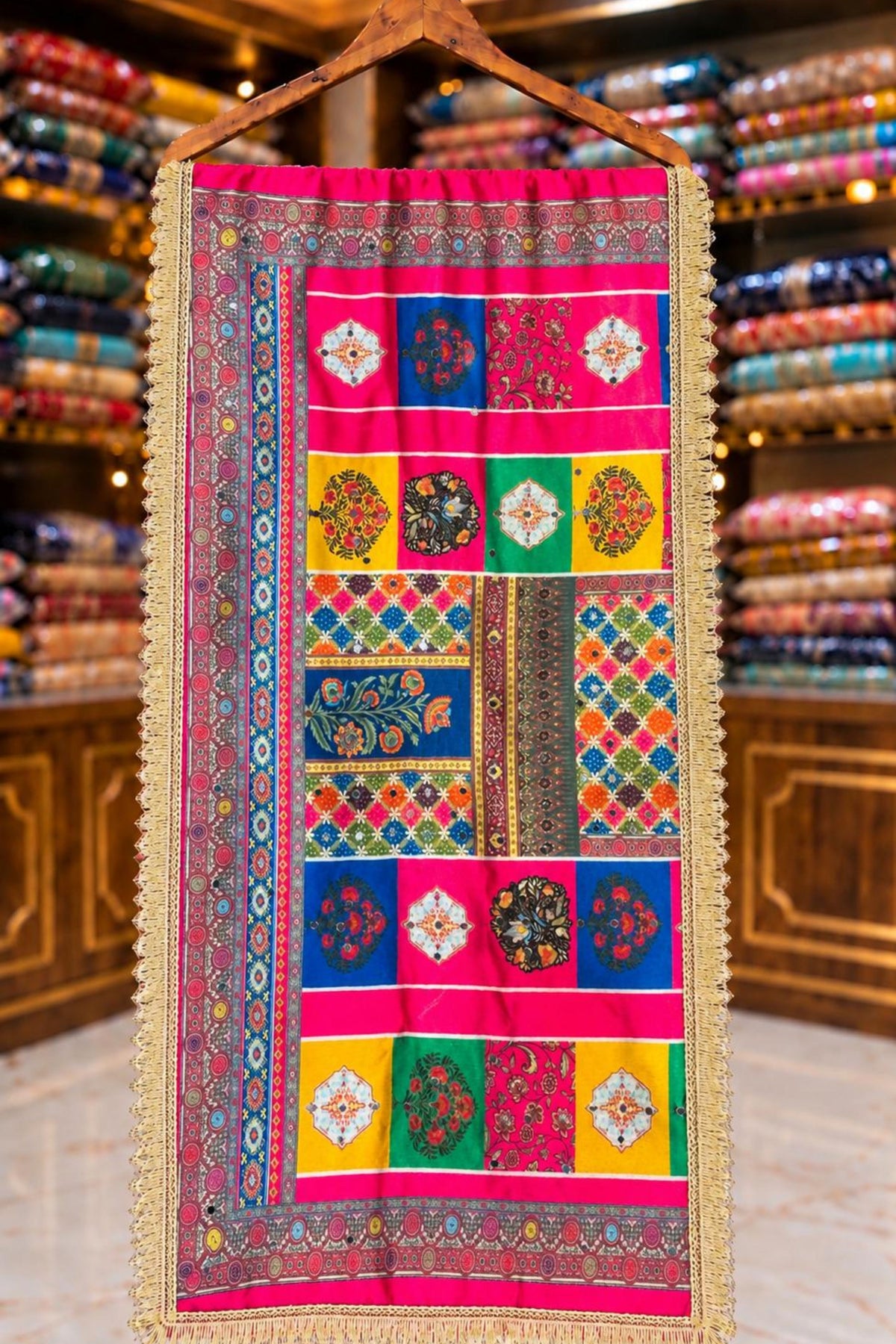 Multi Colour Chinon Suit with Pakistani Four-Side Lace & Mirror Work