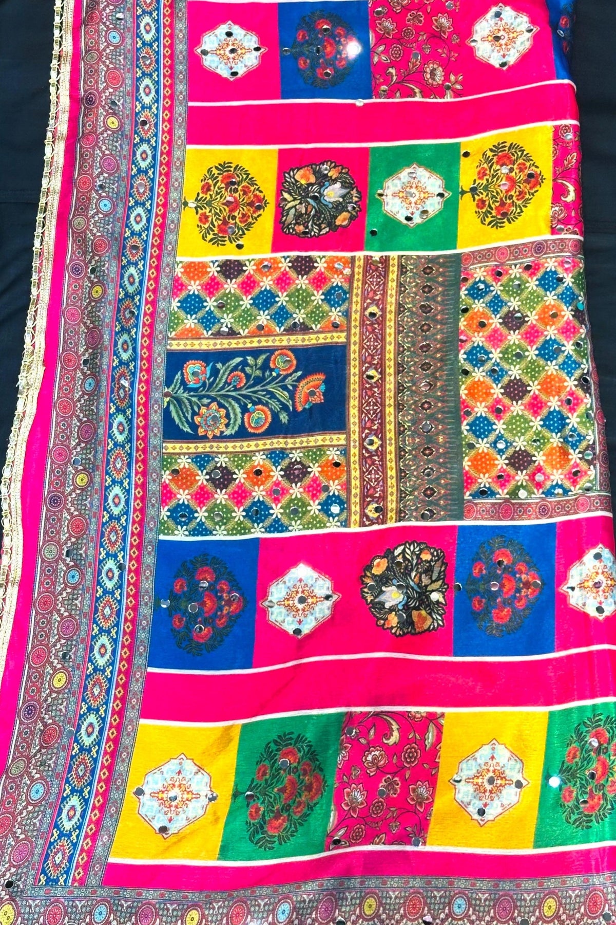 Multi Colour Chinon Suit with Pakistani Four-Side Lace & Mirror Work