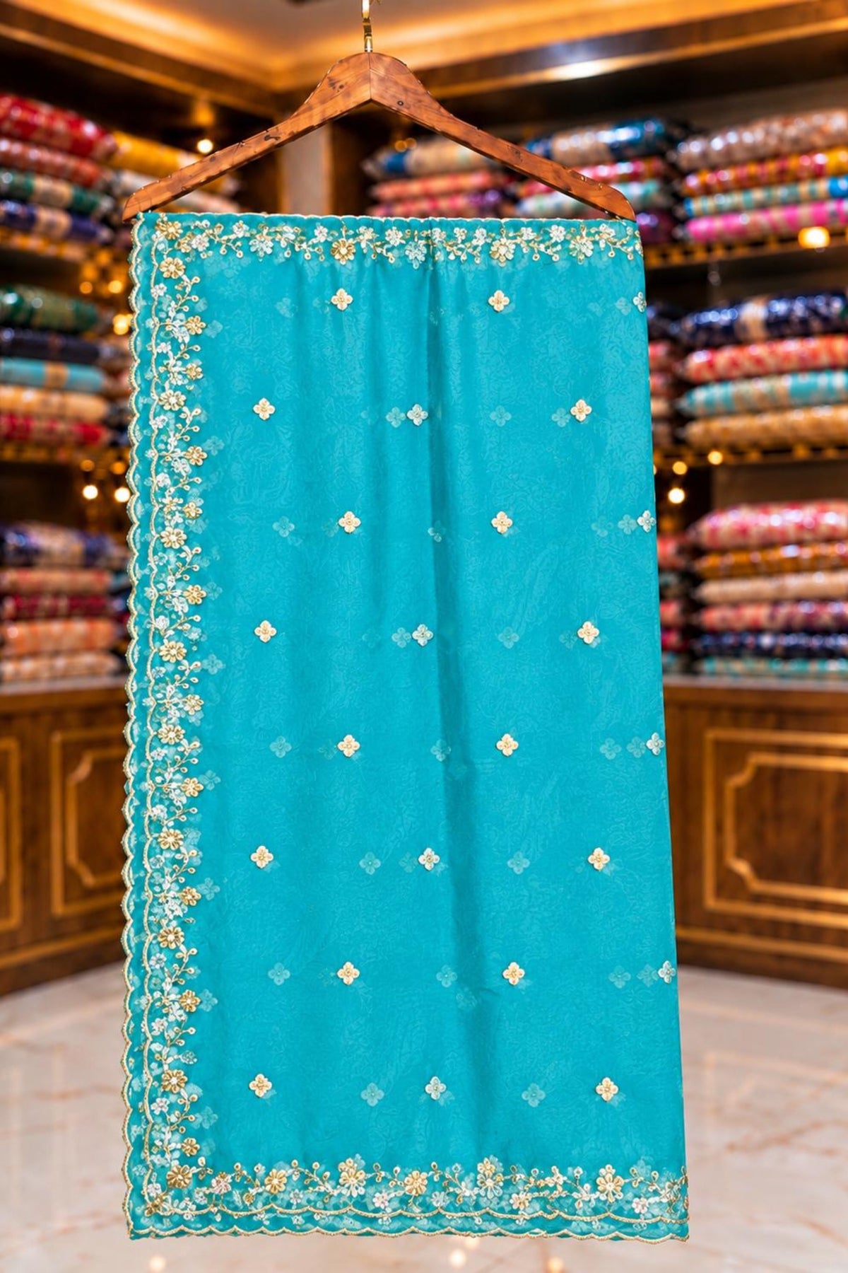 Dusty Seafoam Organza Handwork Suit with Four-Side Cutwork
