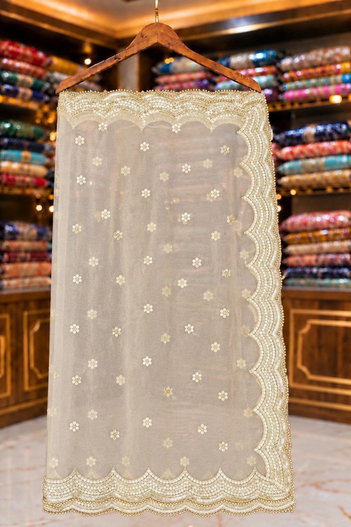 Golden Net Saree with Four-Side Jari, Sippi & Cut Pear Work