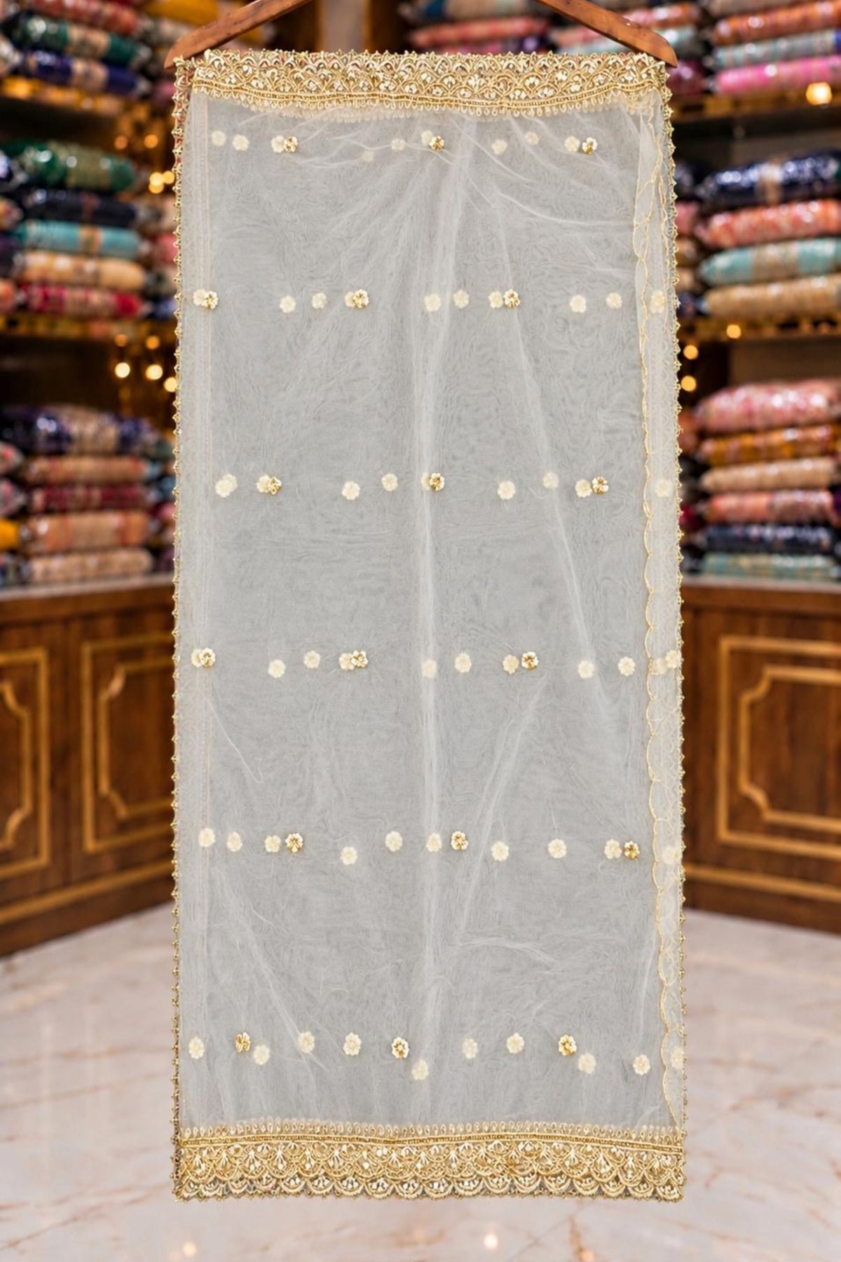 White Net Fabric with Jury & Sippi Handwork – Dyeable