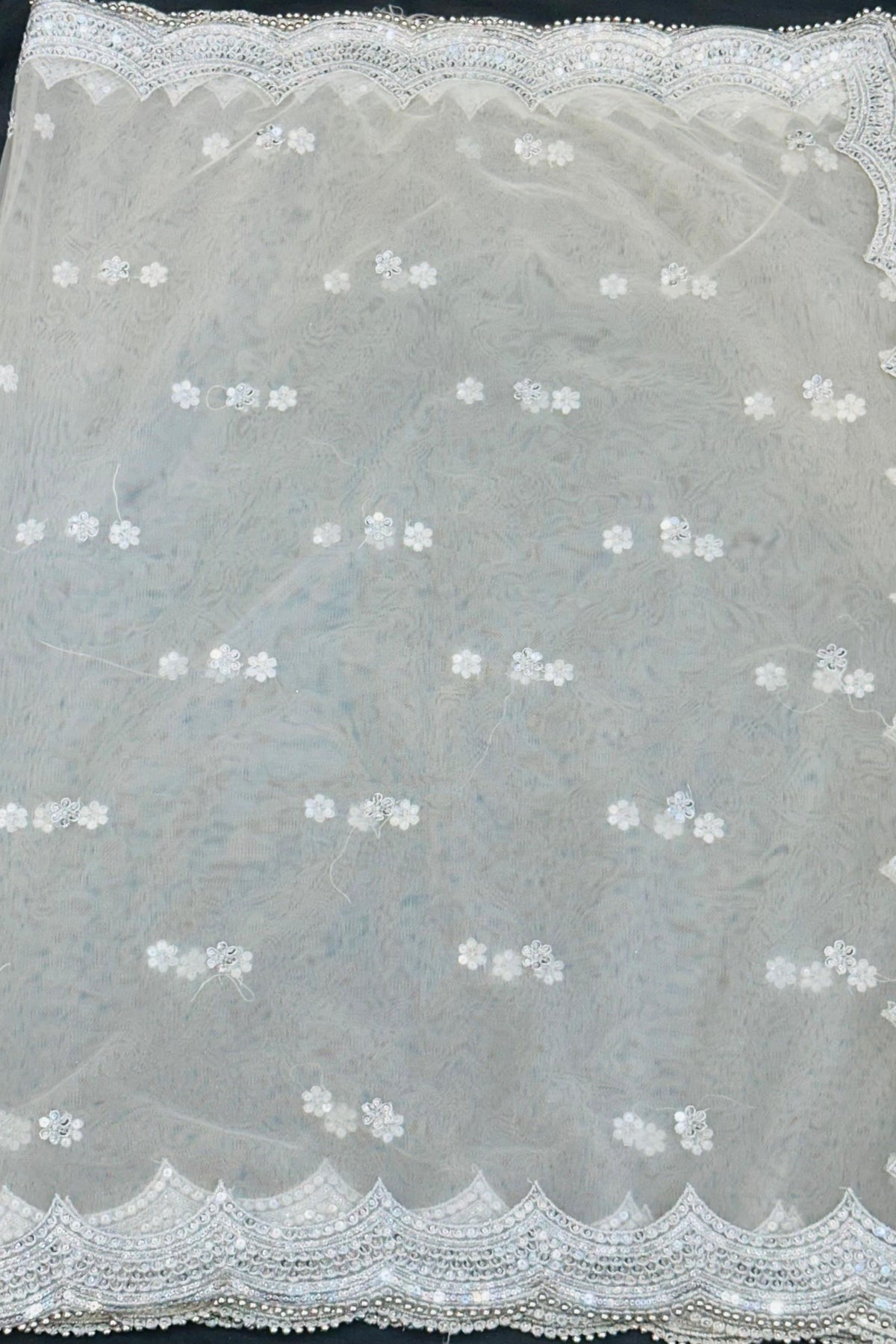 White Net Fabric with Sippi, Mirror & Pearl Border Work – Dyeable