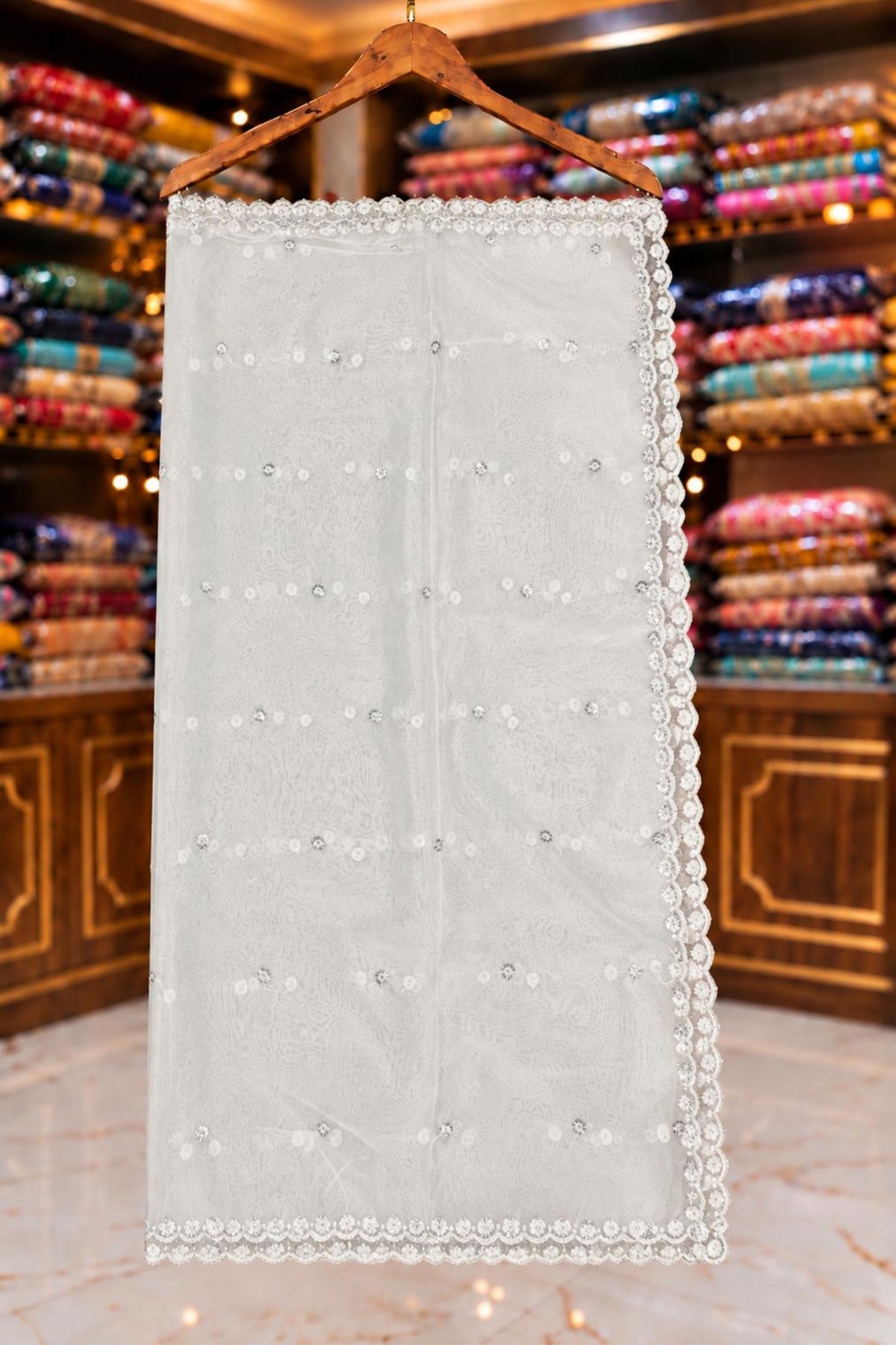White Orgenza Fabric with Silver Sippi & Jari Work – Dyeable