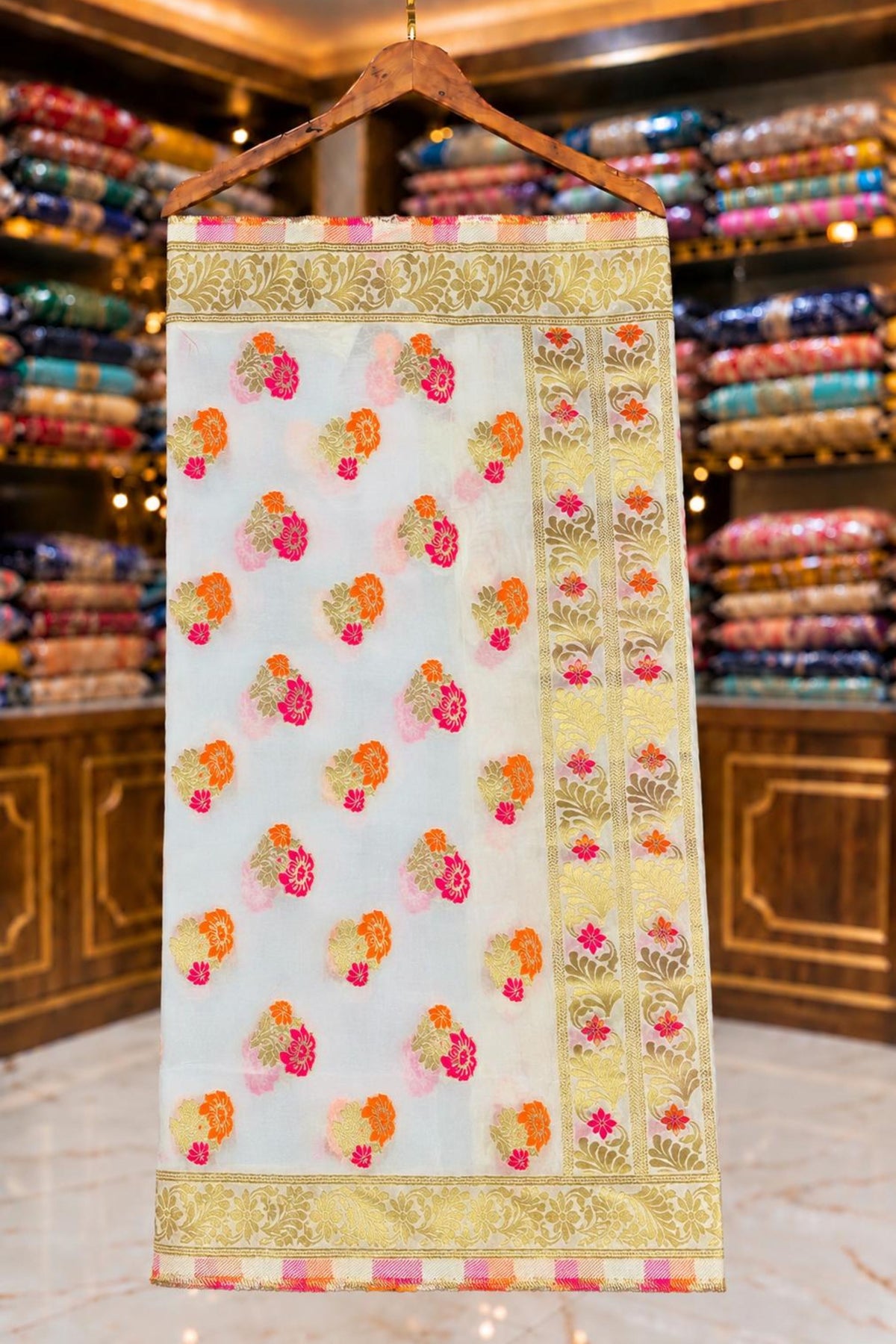 White Georgette Fabric with Jari & Multicolour Floral Border