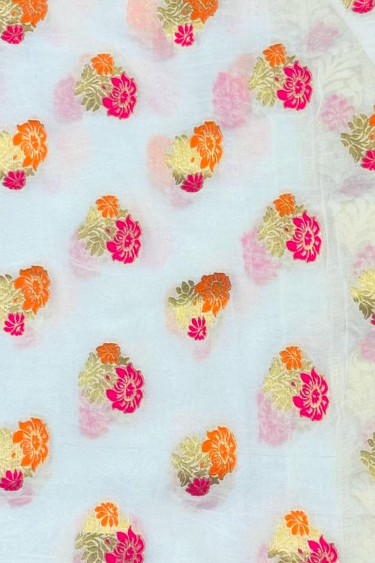 White Georgette Fabric with Jari & Multicolour Floral Border