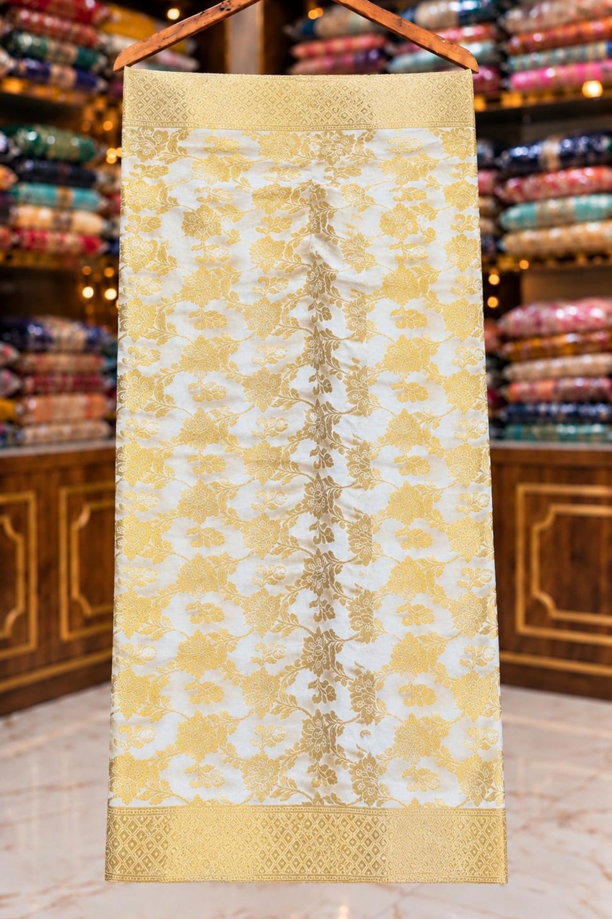 White Banarasi Dupatta with Golden Work & Four-Side Border