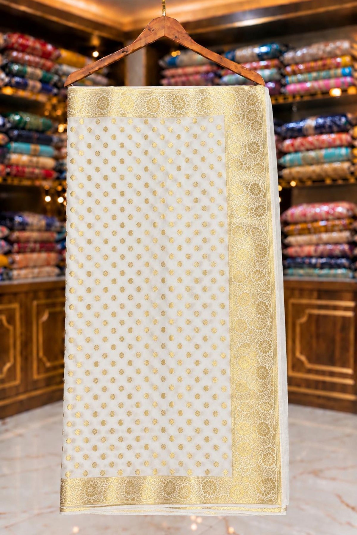 White Banarasi Chinon Chiffon Saree with Four-Side Border & Golden Work