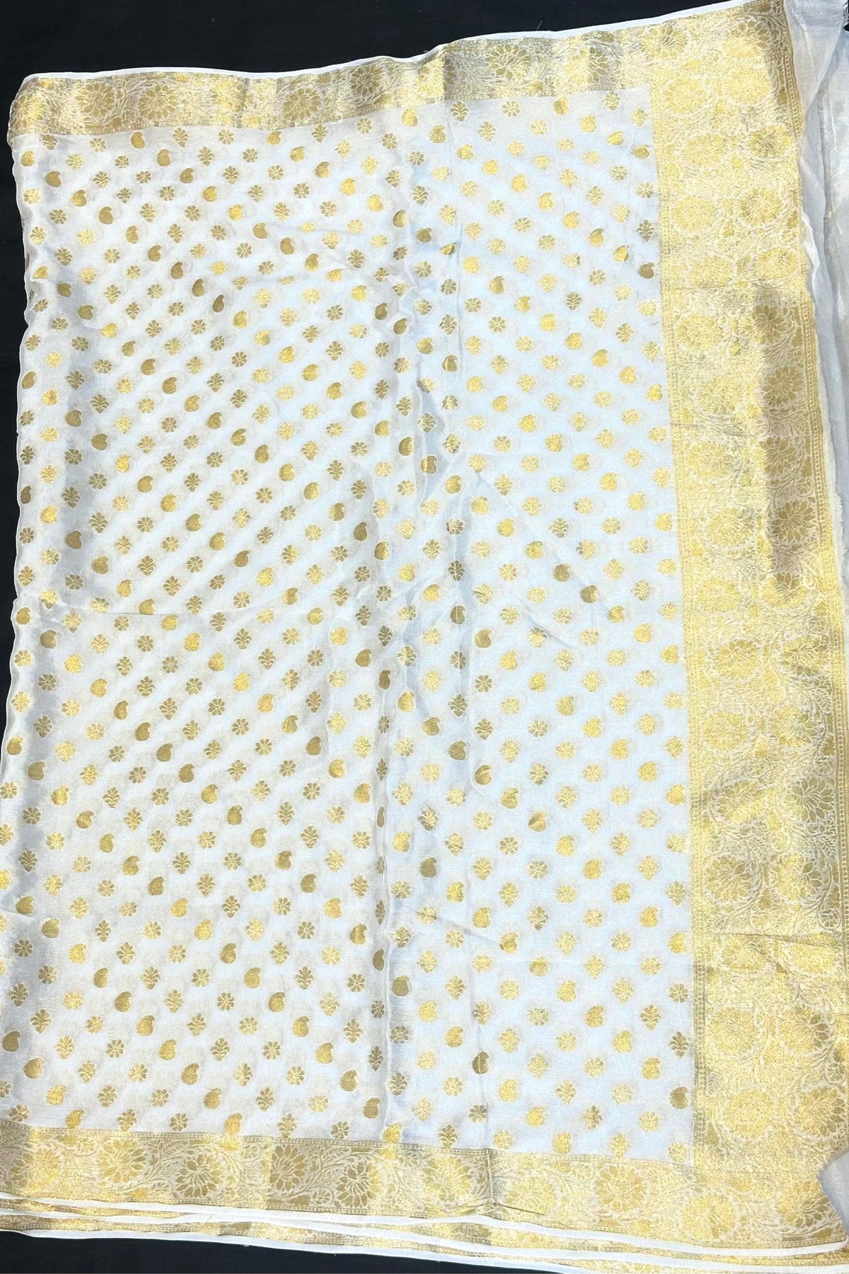 White Banarasi Chinon Chiffon Saree with Four-Side Border & Golden Work