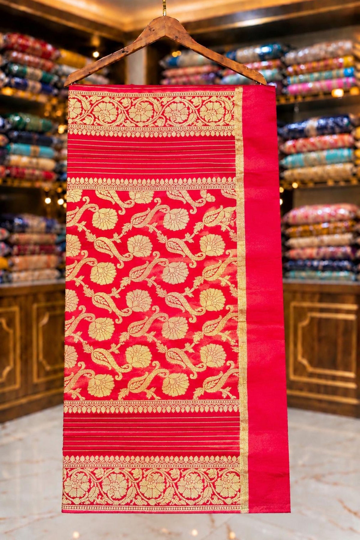 Red Banarasi Silk Saree with Golden Work