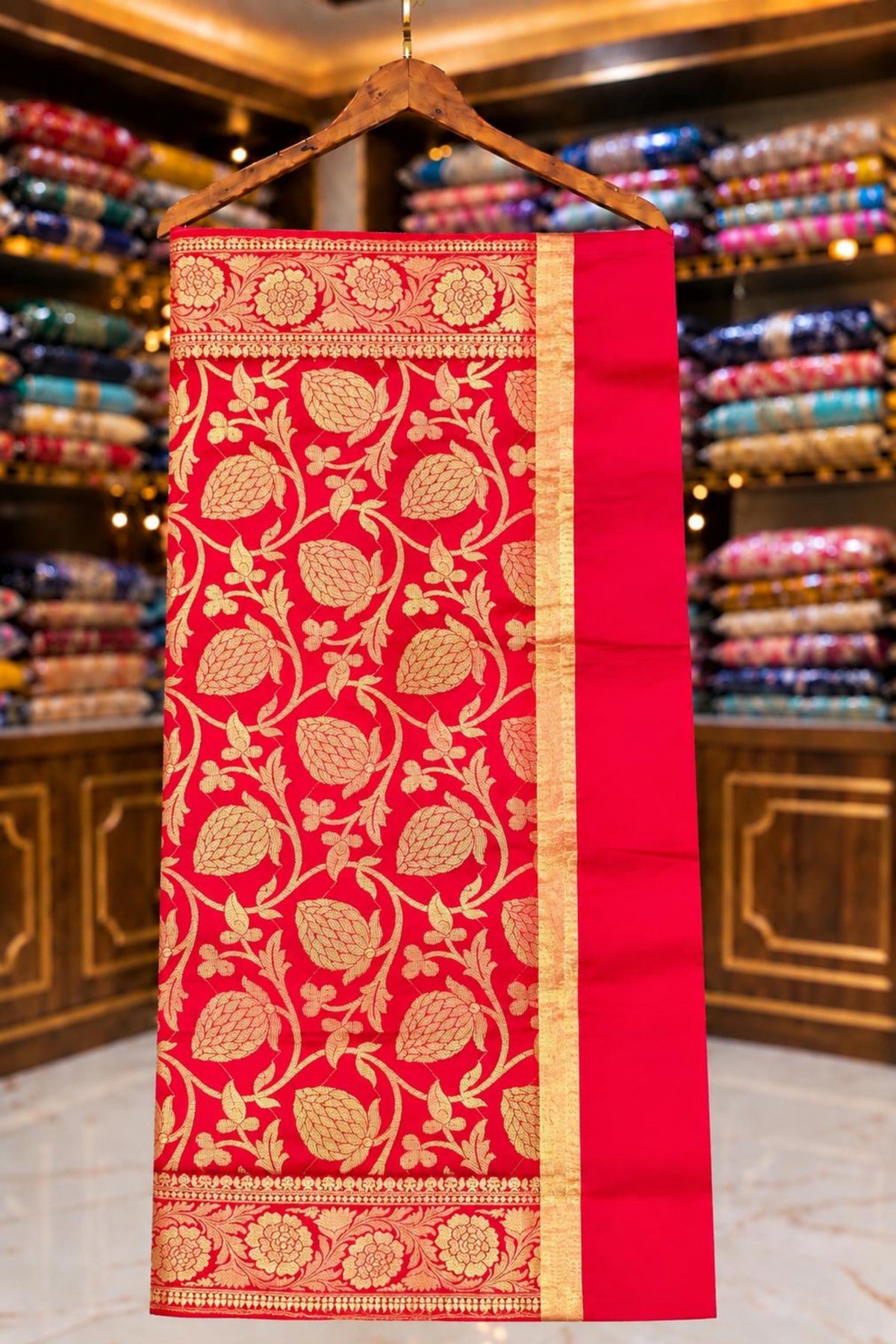 Mehroon Banarsi Silk Fabric with Golden Work & Two-Side Fumen