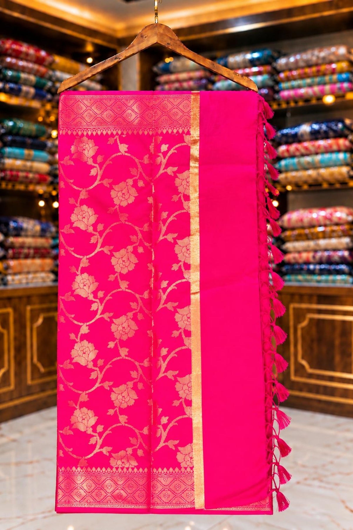 Pink Banarasi Silk Kosa Saree with Golden Work