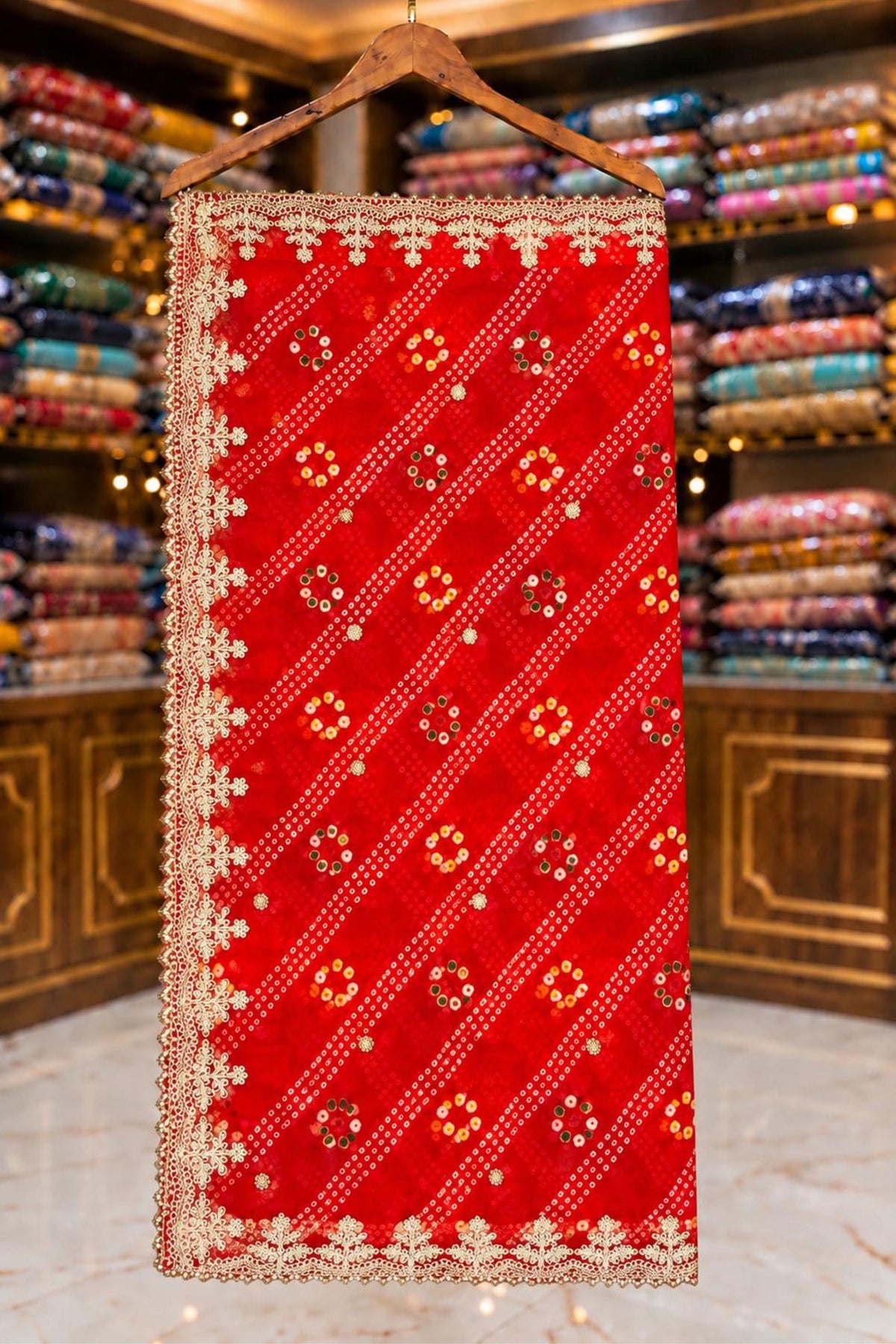 Mehroon Jaipuri Georgette Dupatta with Four-Side Jari Work & Booti Detailing