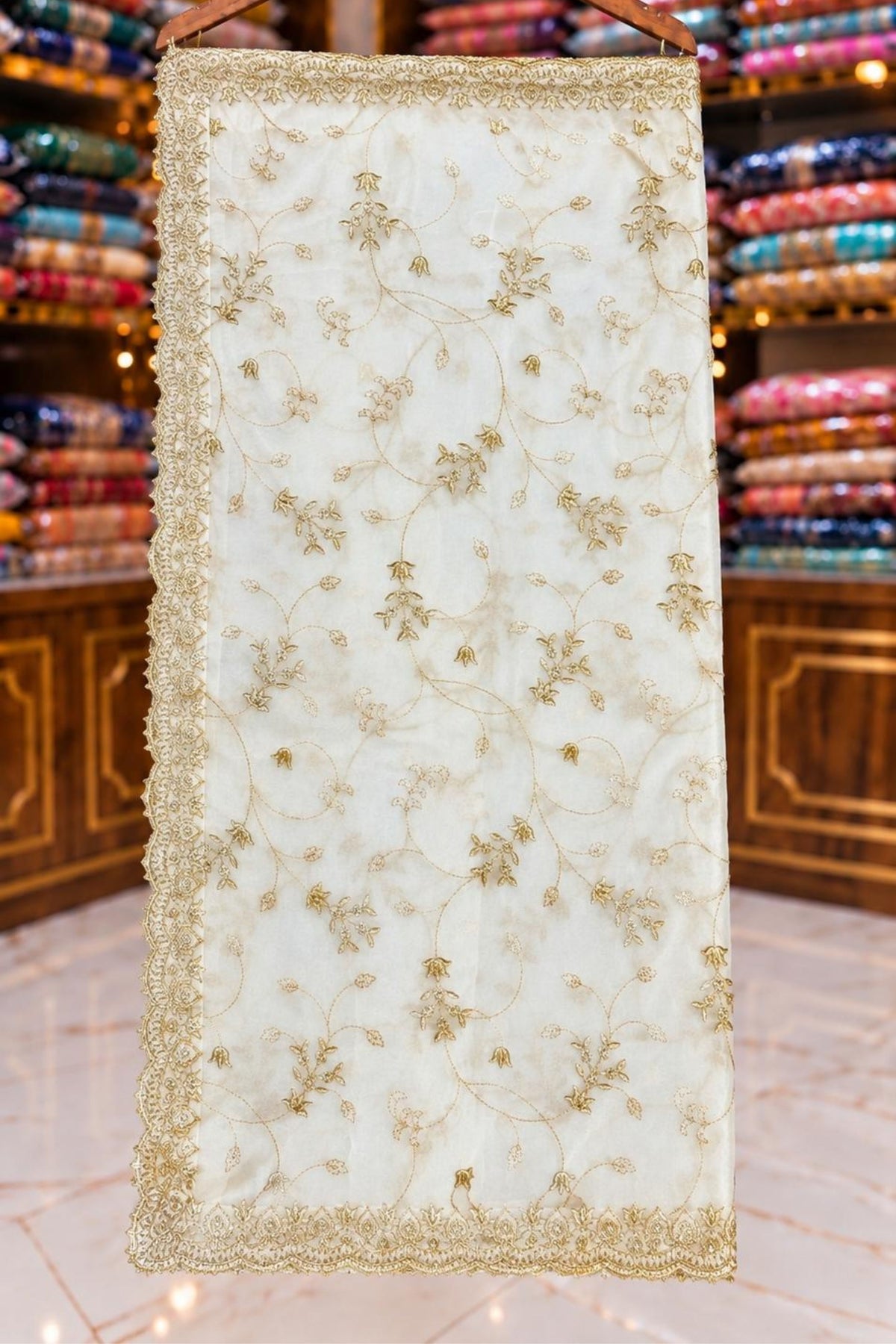 White Georgette Fabric with 4-Side Jari & Cut Work – Dyeable