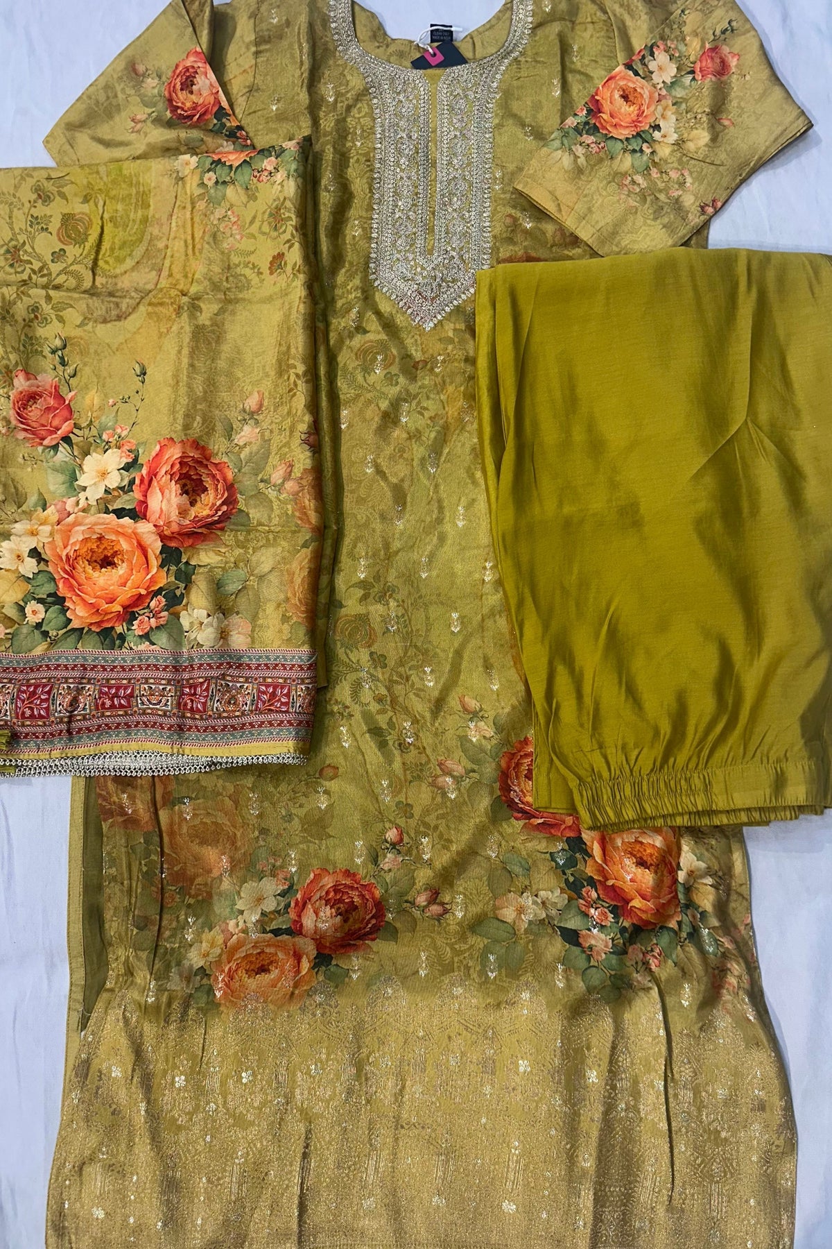 Light Mehndi Printed Musleen Silk Suit with Sippi & Antique Work