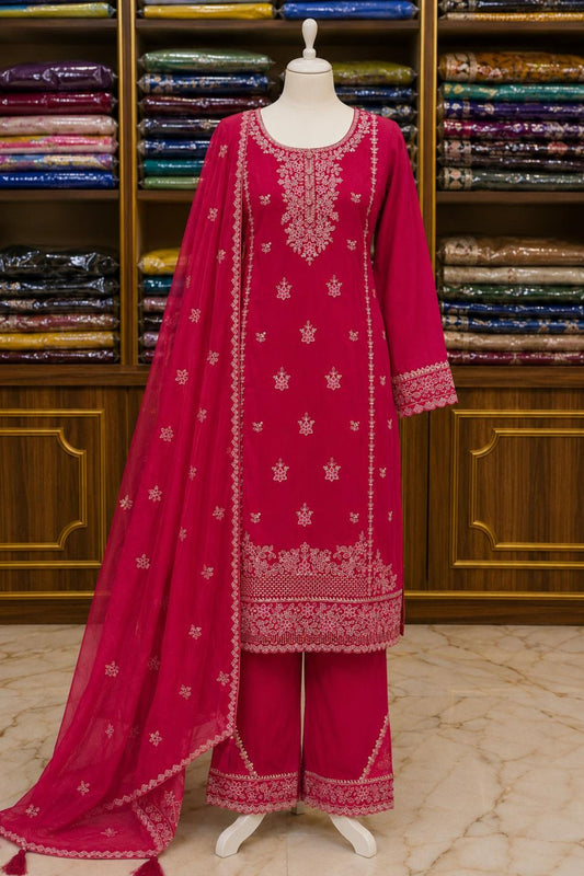 Magenta Silk Thread Work Suit Set with Heavy Chinon Dupatta