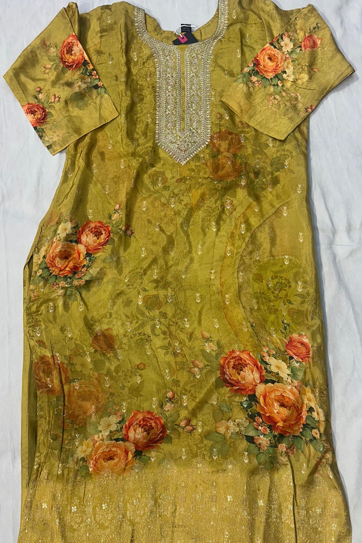 Light Mehndi Printed Musleen Silk Suit with Sippi & Antique Work