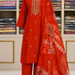 Rust Jari Work Silk Suit Set with Printed Silk Dupatta