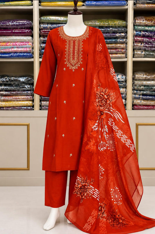 Rust Jari Work Silk Suit Set with Printed Silk Dupatta