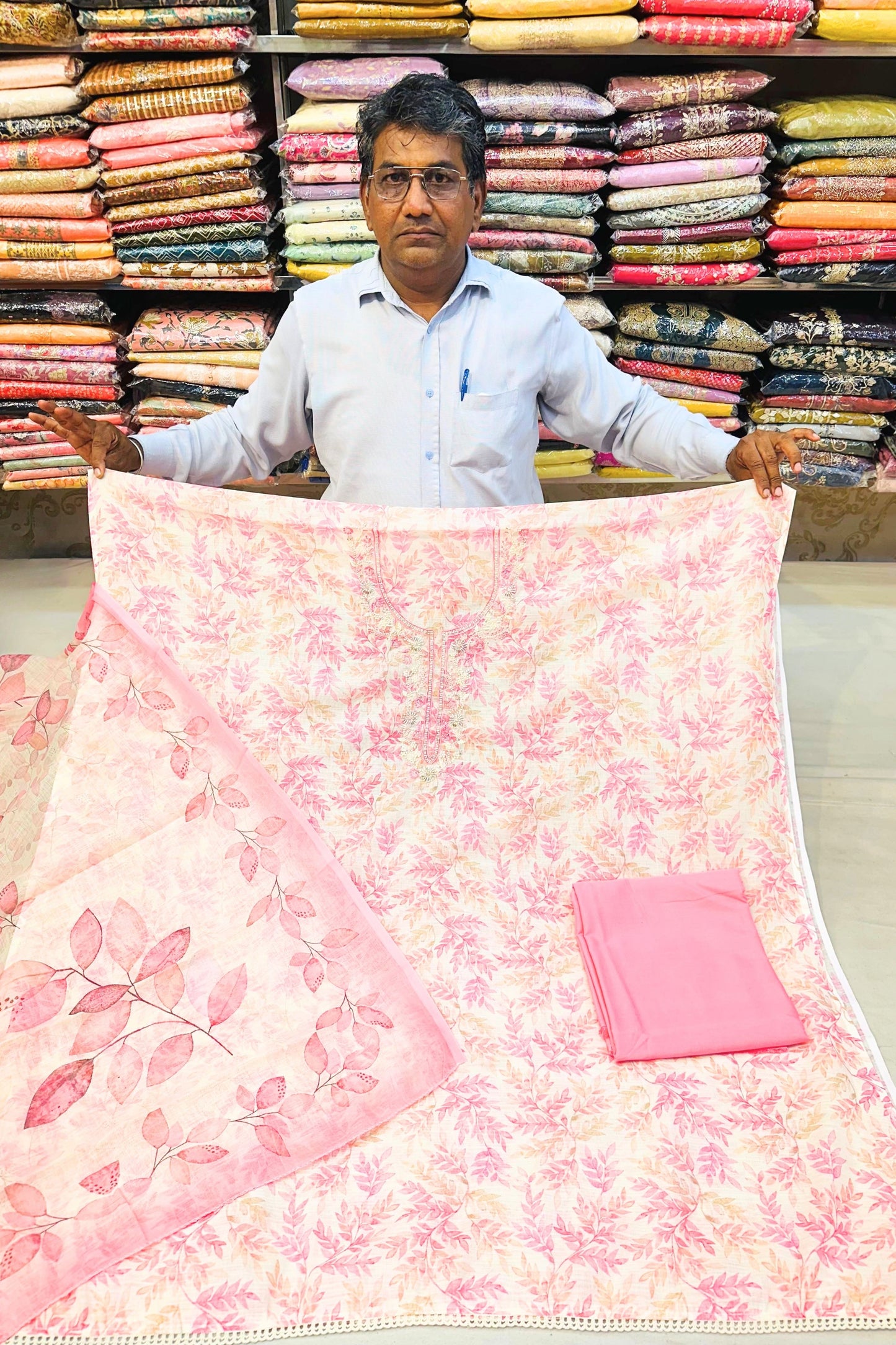 Cream & Pink Printed Cotton Suit Set with Linen Cotton Dupatta