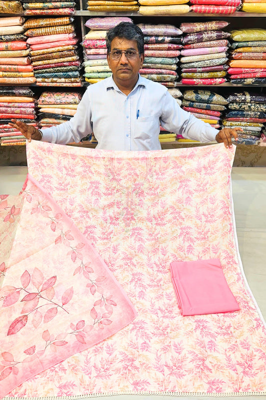 Cream & Pink Printed Cotton Suit Set with Linen Cotton Dupatta