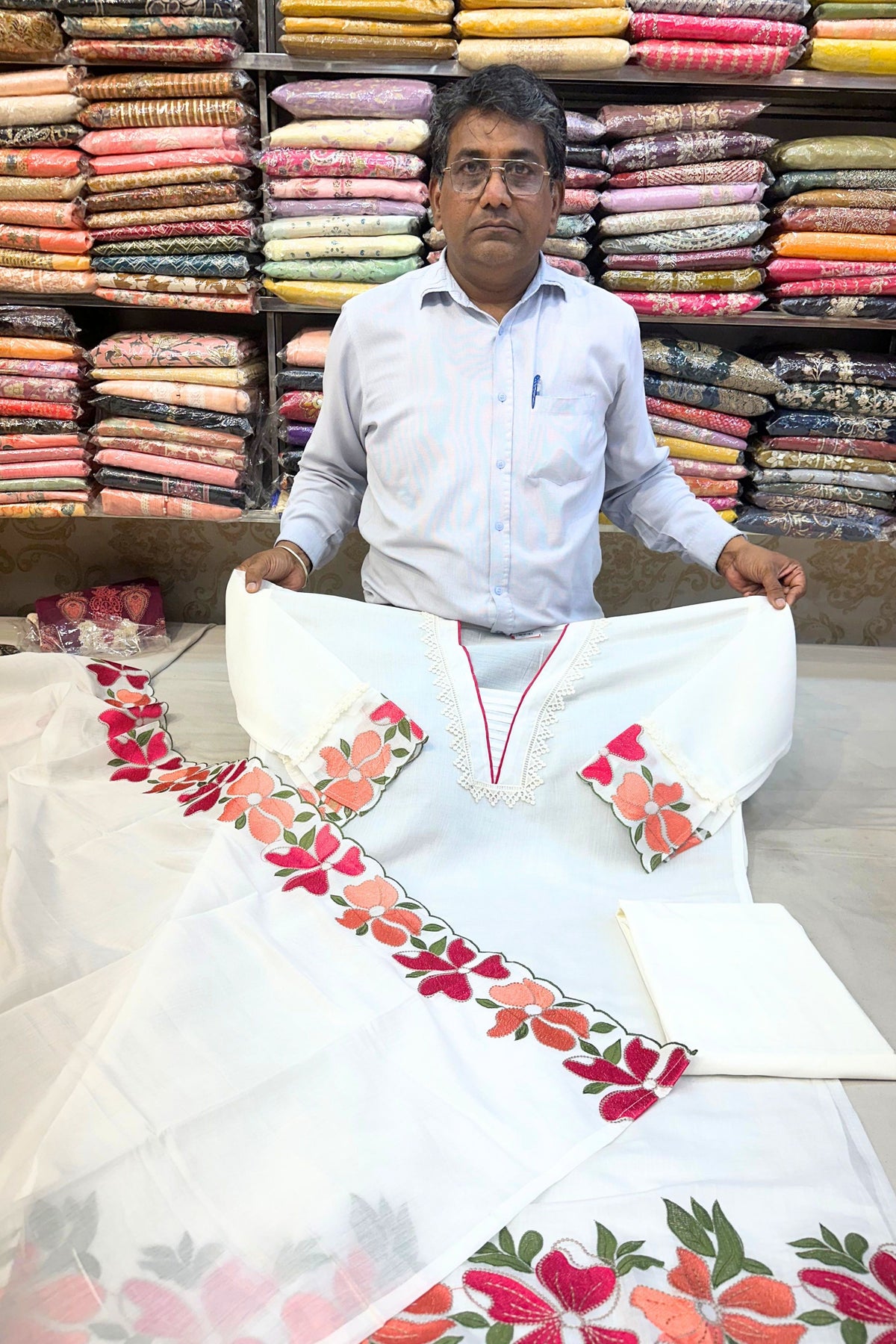 Off White Linen Cotton Threadwork Kurta Set with Cotton Bottom & Dupatta